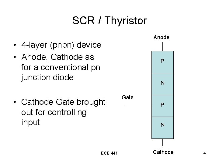 SCR / Thyristor Anode • 4 -layer (pnpn) device • Anode, Cathode as for