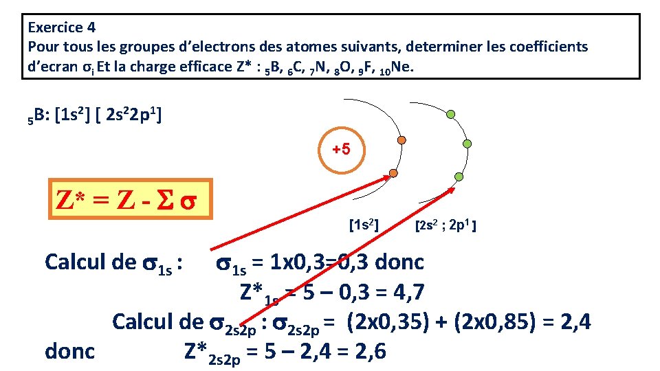 Exercice 4 Pour tous les groupes d’electrons des atomes suivants, determiner les coefficients d’ecran