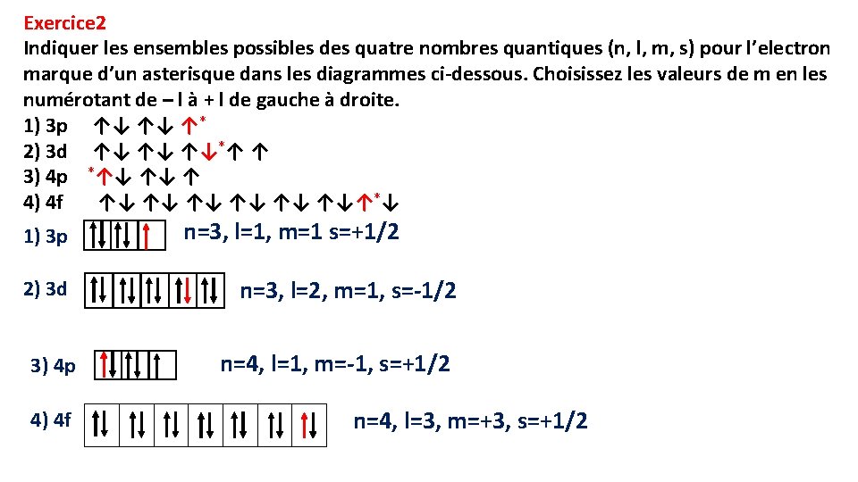 Exercice 2 Indiquer les ensembles possibles des quatre nombres quantiques (n, l, m, s)