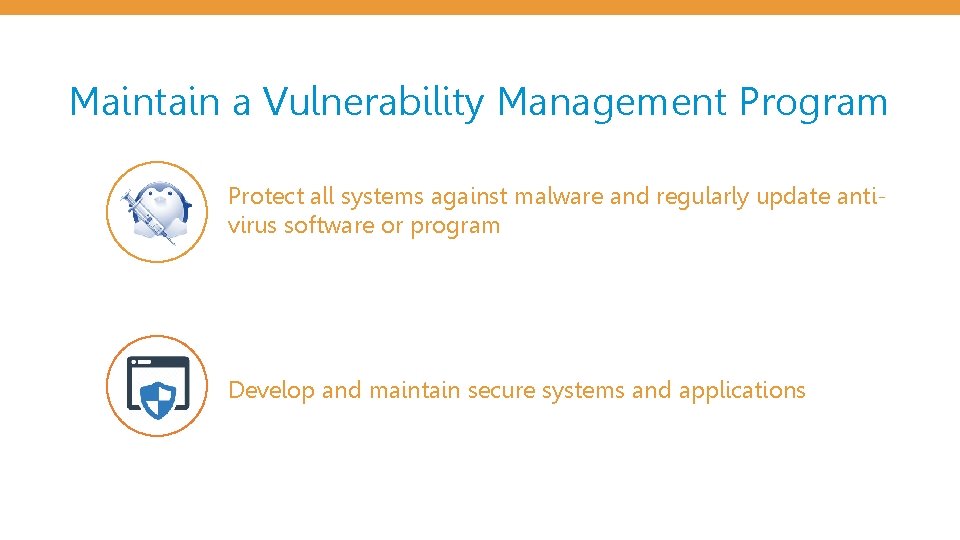 Maintain a Vulnerability Management Program Protect all systems against malware and regularly update antivirus