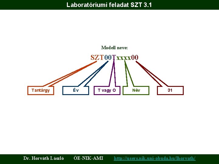 Laboratóriumi feladat SZT 3. 1 Modell neve: SZT 00 Txxxx 00 Tantárgy Dr. Horváth