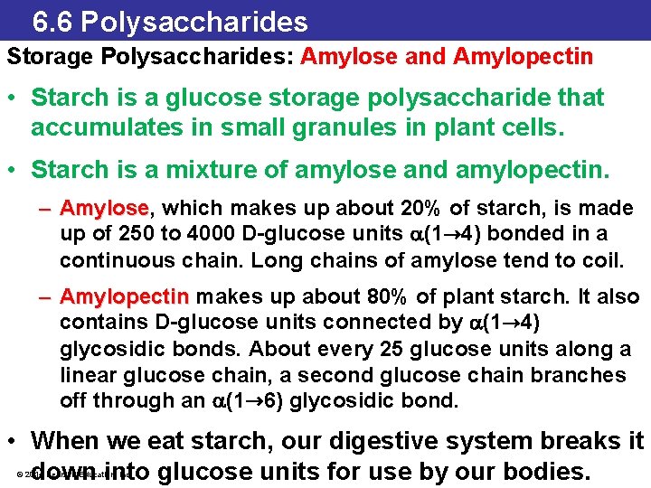 6. 6 Polysaccharides Storage Polysaccharides: Amylose and Amylopectin • Starch is a glucose storage