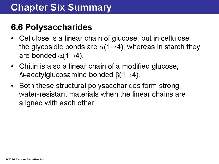Chapter Six Summary 6. 6 Polysaccharides • Cellulose is a linear chain of glucose,