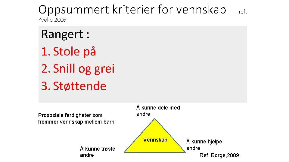 Oppsummert kriterier for vennskap ref. Kvello 2006 Rangert : 1. Stole på 2. Snill