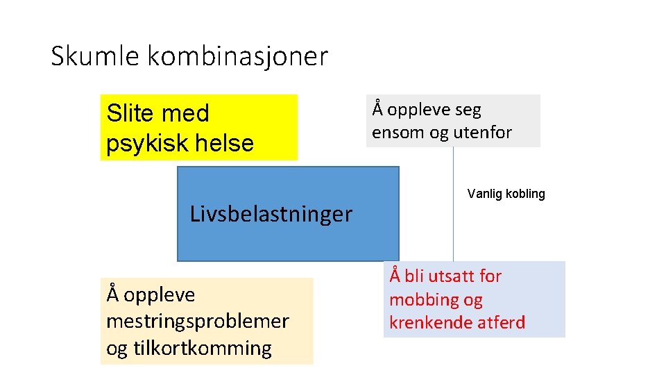 Skumle kombinasjoner Slite med psykisk helse Livsbelastninger Å oppleve mestringsproblemer og tilkortkomming Å oppleve