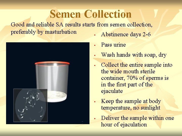 Semen Collection Good and reliable SA results starts from semen collection, preferably by masturbation