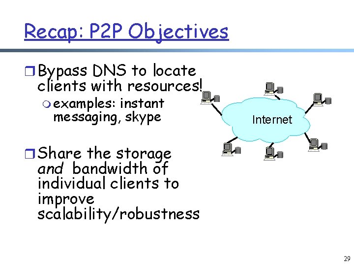 Recap: P 2 P Objectives r Bypass DNS to locate clients with resources! m