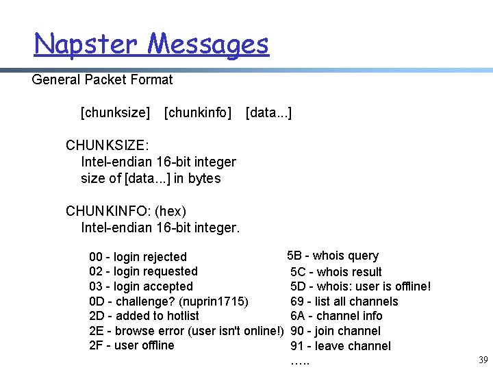 Napster Messages General Packet Format [chunksize] [chunkinfo] [data. . . ] CHUNKSIZE: Intel-endian 16