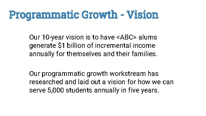 Programmatic Growth - Vision Our 10 -year vision is to have <ABC> alums generate