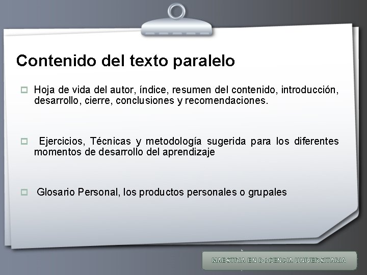 Contenido del texto paralelo p Hoja de vida del autor, índice, resumen del contenido,