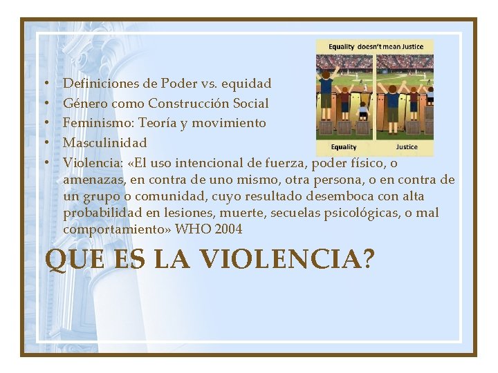  • • • Definiciones de Poder vs. equidad Género como Construcción Social Feminismo: