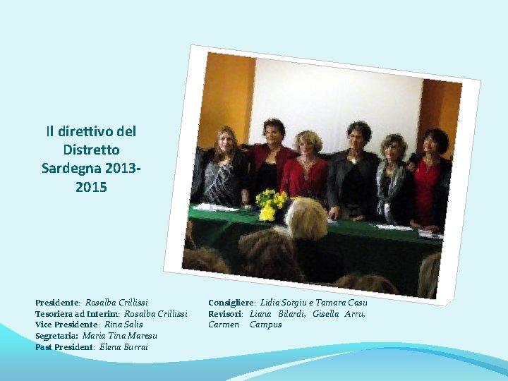 Il direttivo del Distretto Sardegna 20132015 Presidente: Rosalba Crillissi Tesoriera ad Interim: Rosalba Crillissi