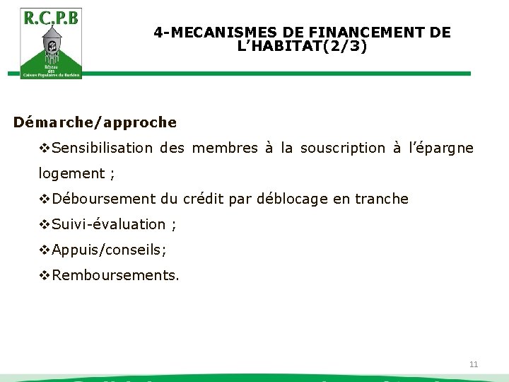 4 -MECANISMES DE FINANCEMENT DE L’HABITAT(2/3) Démarche/approche v. Sensibilisation des membres à la souscription