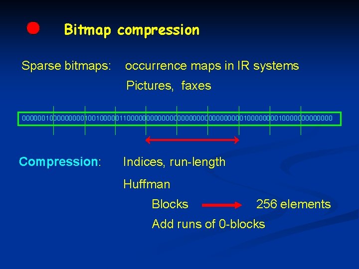 Bitmap compression Sparse bitmaps: occurrence maps in IR systems Pictures, faxes 0000001000001001000001100000000000000010000000000000 Compression: Indices,