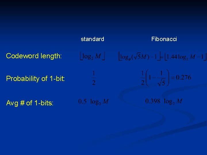 standard Fibonacci Codeword length: Probability of 1 -bit: Avg # of 1 -bits: 
