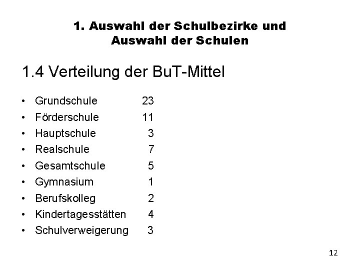 1. Auswahl der Schulbezirke und Auswahl der Schulen 1. 4 Verteilung der Bu. T-Mittel