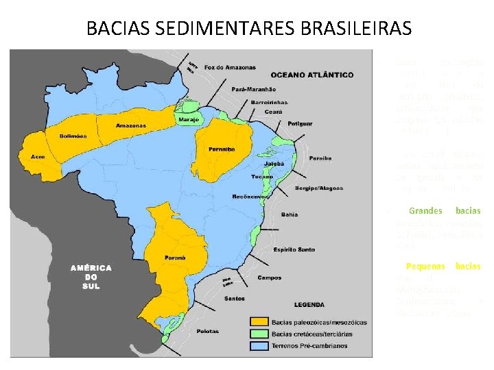 BACIAS SEDIMENTARES BRASILEIRAS • Essas formações geológicas ocupam a maior área do território brasileiro,