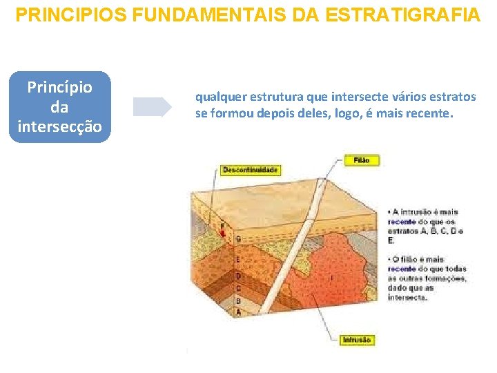 PRINCIPIOS FUNDAMENTAIS DA ESTRATIGRAFIA Princípio da intersecção qualquer estrutura que intersecte vários estratos se