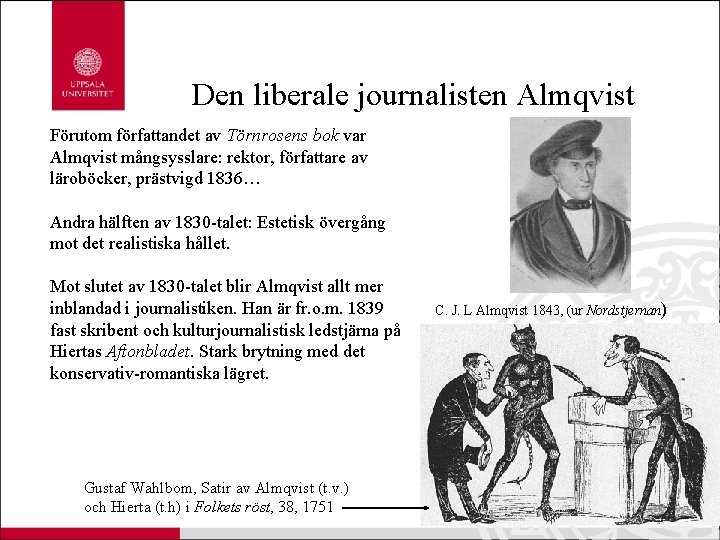 Den liberale journalisten Almqvist Förutom författandet av Törnrosens bok var Almqvist mångsysslare: rektor, författare