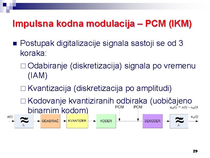 Impulsna kodna modulacija – PCM (IKM) n Postupak digitalizacije signala sastoji se od 3