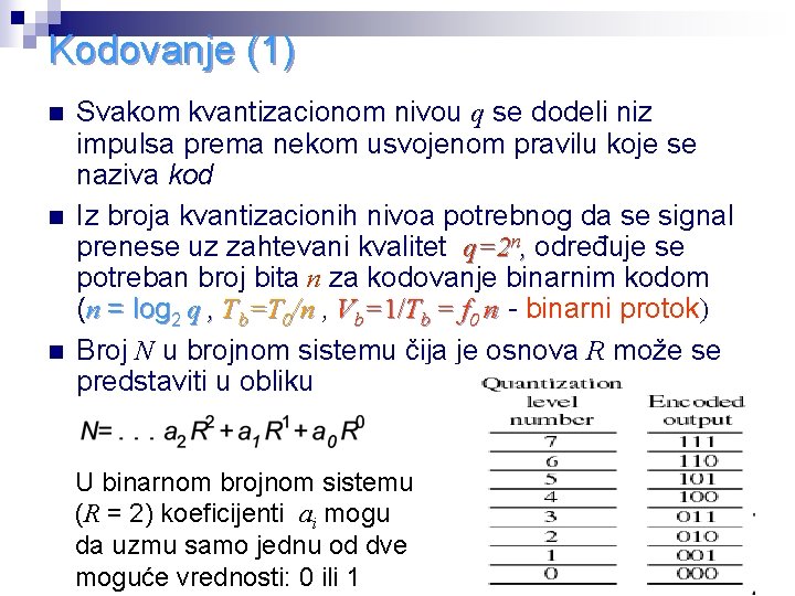 Kodovanje (1) n n n Svakom kvantizacionom nivou q se dodeli niz impulsa prema