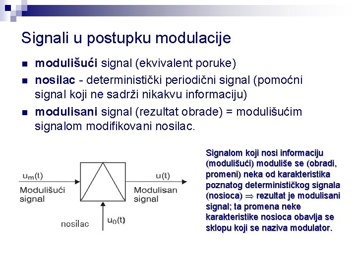 Signali u postupku modulacije n n n modulišući signal (ekvivalent poruke) nosilac - deterministički