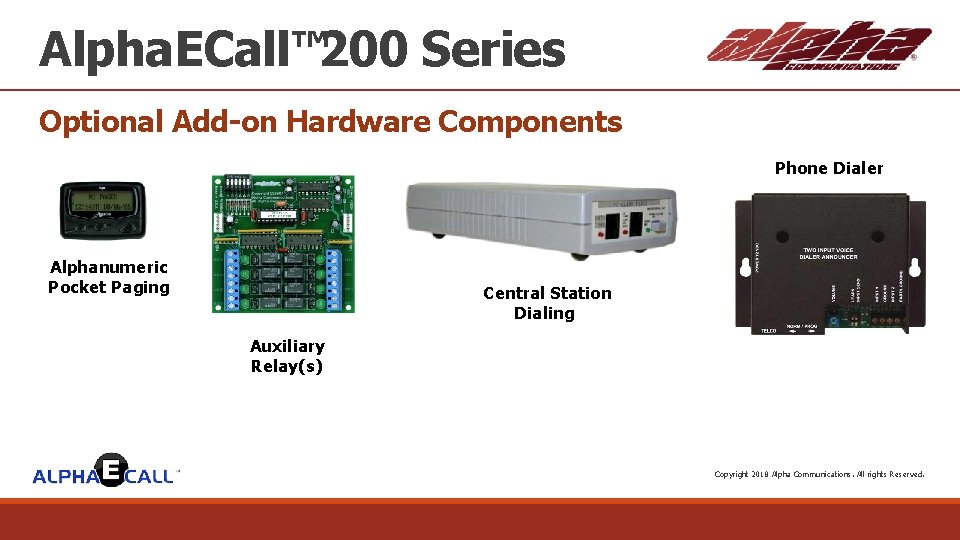 Alpha. ECall™ 200 Series Optional Add-on Hardware Components Phone Dialer Alphanumeric Pocket Paging Central