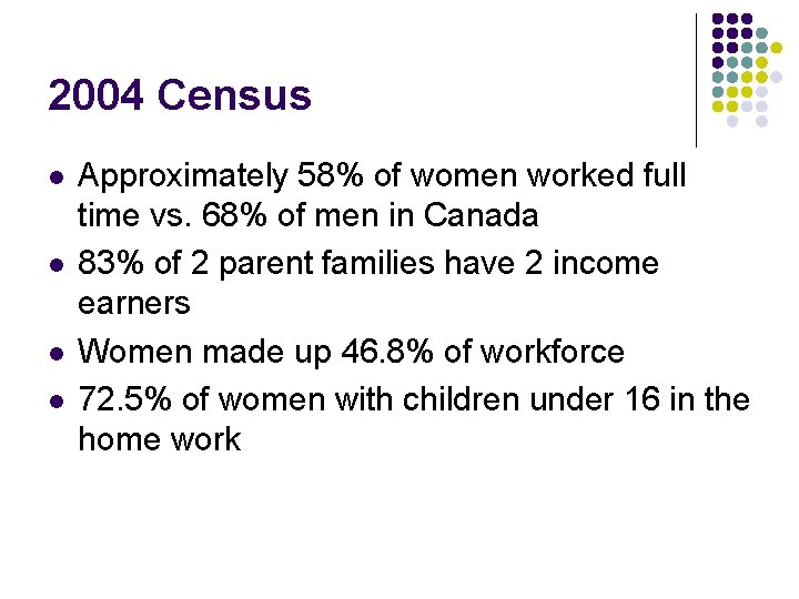 2004 Census l l Approximately 58% of women worked full time vs. 68% of