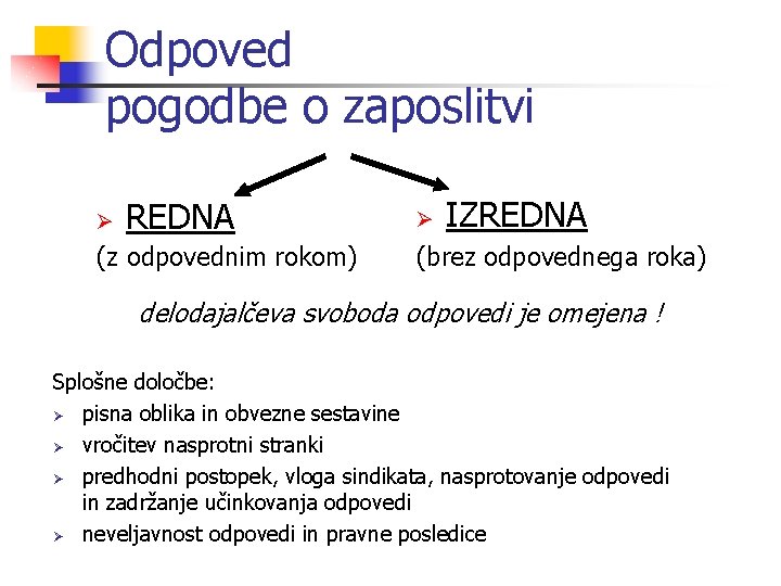 Odpoved pogodbe o zaposlitvi Ø REDNA (z odpovednim rokom) Ø IZREDNA (brez odpovednega roka)