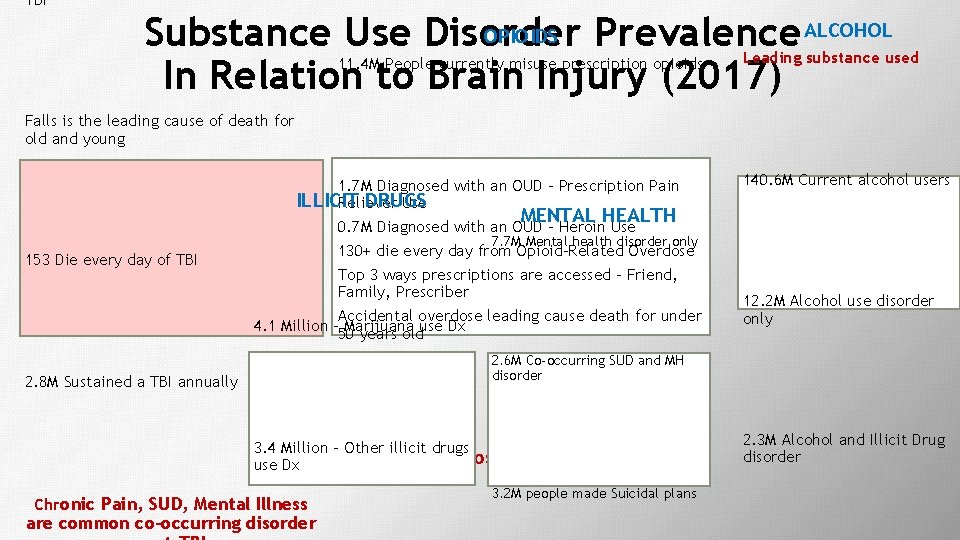 TBI OPIOIDS Substance Use Disorder Prevalence ALCOHOL In Relation to Brain Injury (2017) 11.