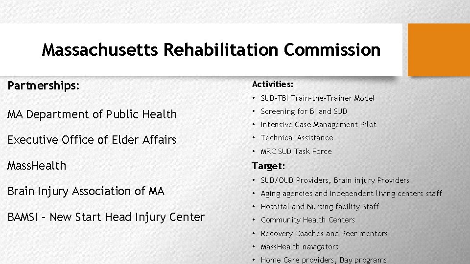 Massachusetts Rehabilitation Commission Partnerships: Activities: • SUD-TBI Train-the-Trainer Model MA Department of Public Health