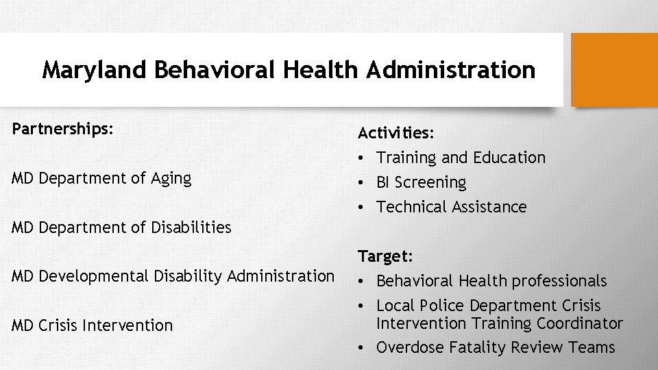 Maryland Behavioral Health Administration Partnerships: MD Department of Aging Activities: • Training and Education