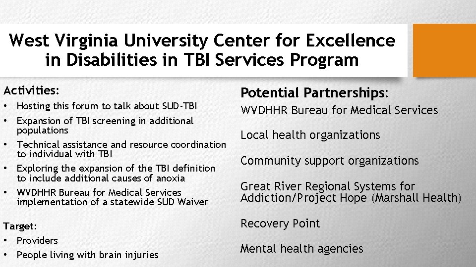 West Virginia University Center for Excellence in Disabilities in TBI Services Program Activities: •