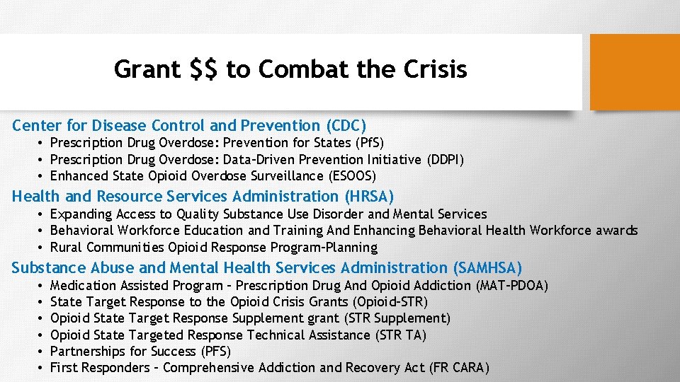 Grant $$ to Combat the Crisis Center for Disease Control and Prevention (CDC) •