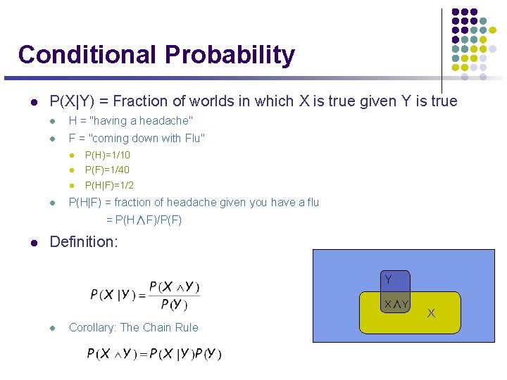 Conditional Probability l P(X|Y) = Fraction of worlds in which X is true given