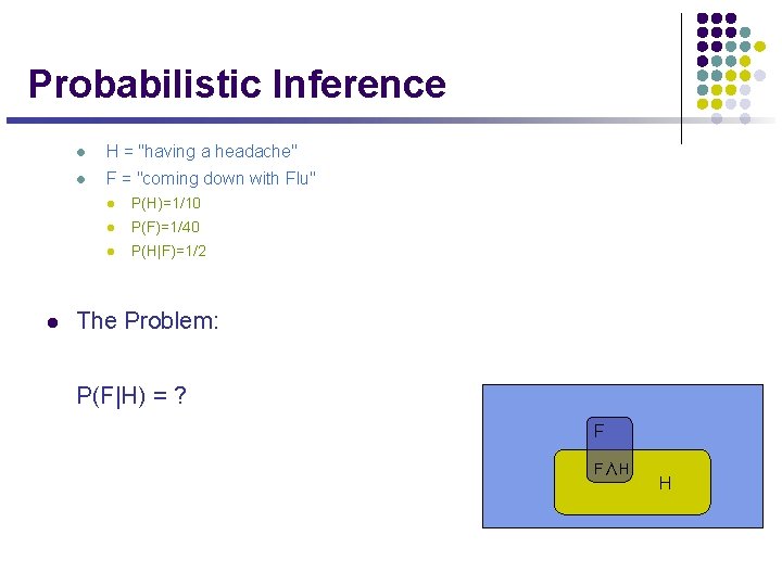 Probabilistic Inference l l H = "having a headache" l F = "coming down