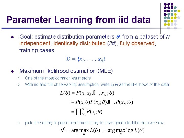 Parameter Learning from iid data l Goal: estimate distribution parameters q from a dataset