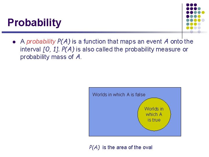 Probability l A probability P(A) is a function that maps an event A onto