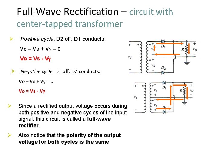 Full-Wave Rectification – circuit with center-tapped transformer Ø Positive cycle, D 2 off, D