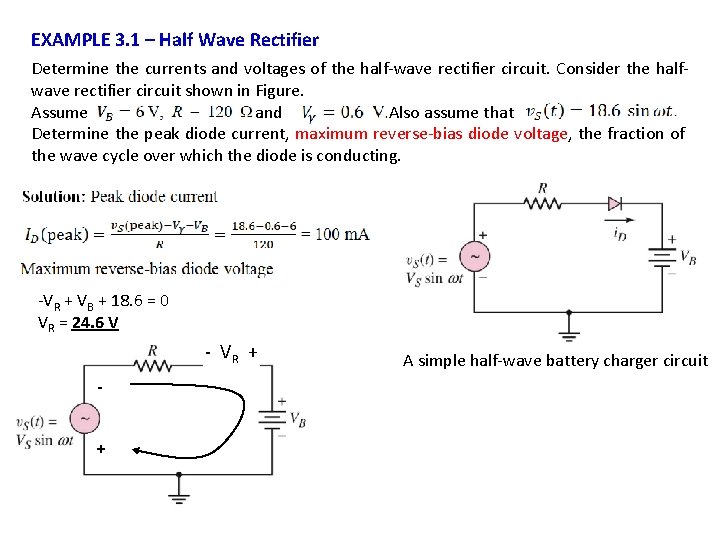 EXAMPLE 3. 1 – Half Wave Rectifier Determine the currents and voltages of the