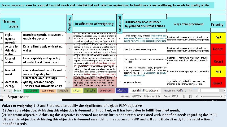 Themes Goals Justification of weighting Assessment Weighting SOCIAL DIMENSION: aims to respond to social