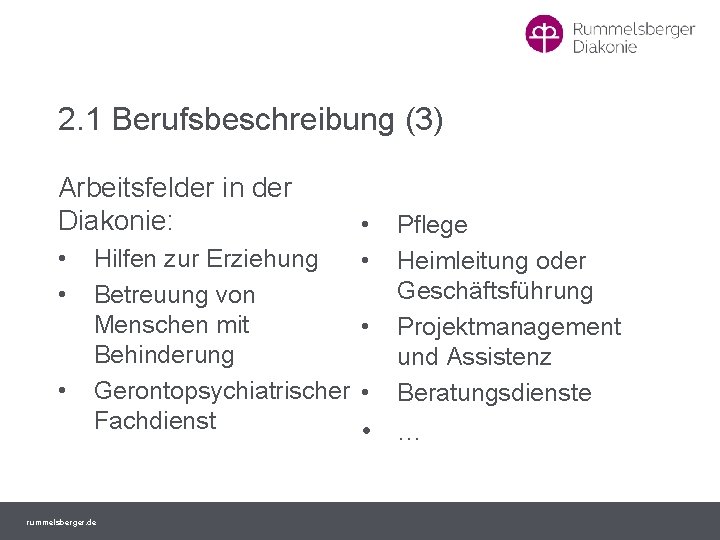 2. 1 Berufsbeschreibung (3) Arbeitsfelder in der Diakonie: • • • Hilfen zur Erziehung