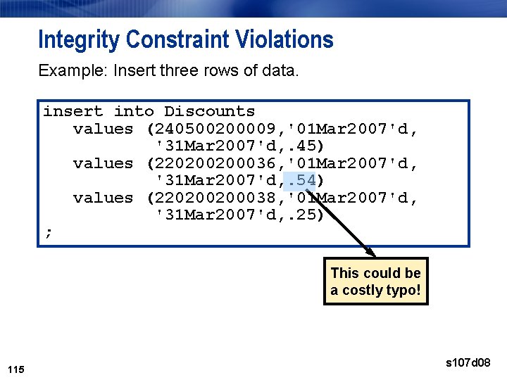 Integrity Constraint Violations Example: Insert three rows of data. insert into Discounts values (240500200009, Integrity Constraint Violations Example: Insert three rows of data. insert into Discounts values (240500200009,