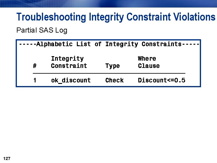 Troubleshooting Integrity Constraint Violations Partial SAS Log -----Alphabetic List of Integrity Constraints----Integrity Where # Troubleshooting Integrity Constraint Violations Partial SAS Log -----Alphabetic List of Integrity Constraints----Integrity Where #