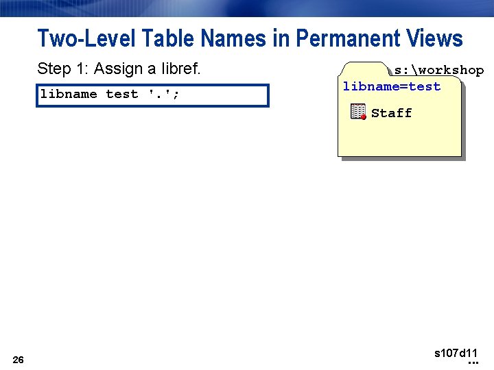 Two-Level Table Names in Permanent Views Step 1: Assign a libref. libname test '. Two-Level Table Names in Permanent Views Step 1: Assign a libref. libname test '.