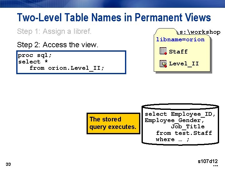 Two-Level Table Names in Permanent Views Step 1: Assign a libref. Step 2: Access Two-Level Table Names in Permanent Views Step 1: Assign a libref. Step 2: Access