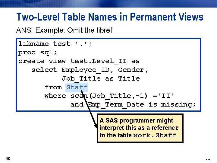 Two-Level Table Names in Permanent Views ANSI Example: Omit the libref. libname test '. Two-Level Table Names in Permanent Views ANSI Example: Omit the libref. libname test '.