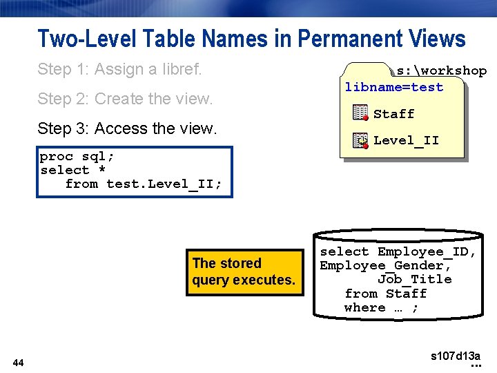 Two-Level Table Names in Permanent Views Step 1: Assign a libref. Step 2: Create Two-Level Table Names in Permanent Views Step 1: Assign a libref. Step 2: Create