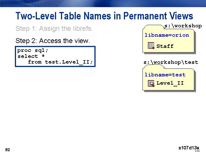 Two-Level Table Names in Permanent Views Step 1: Assign the librefs. Step 2: Access Two-Level Table Names in Permanent Views Step 1: Assign the librefs. Step 2: Access