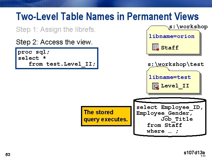Two-Level Table Names in Permanent Views Step 1: Assign the librefs. Step 2: Access Two-Level Table Names in Permanent Views Step 1: Assign the librefs. Step 2: Access